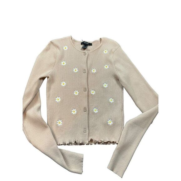 Forever 21 Women's Daisy Embroidered Ribbed Cardigan Sweater Beige S - Picture 1 of 7